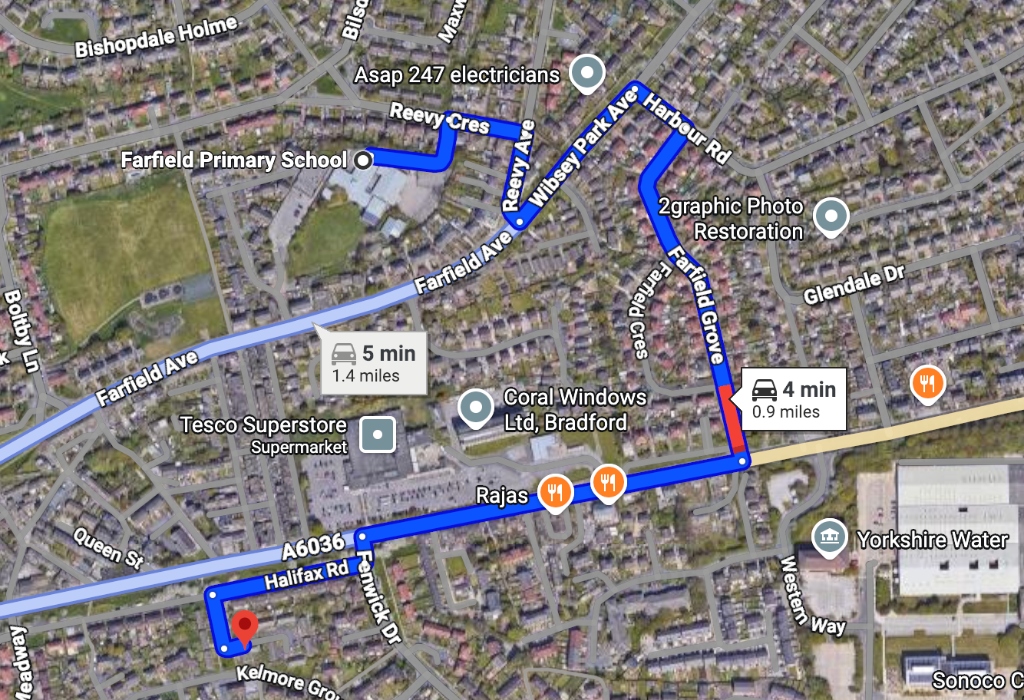 Walking route from Farfield Primary to Young Acorns