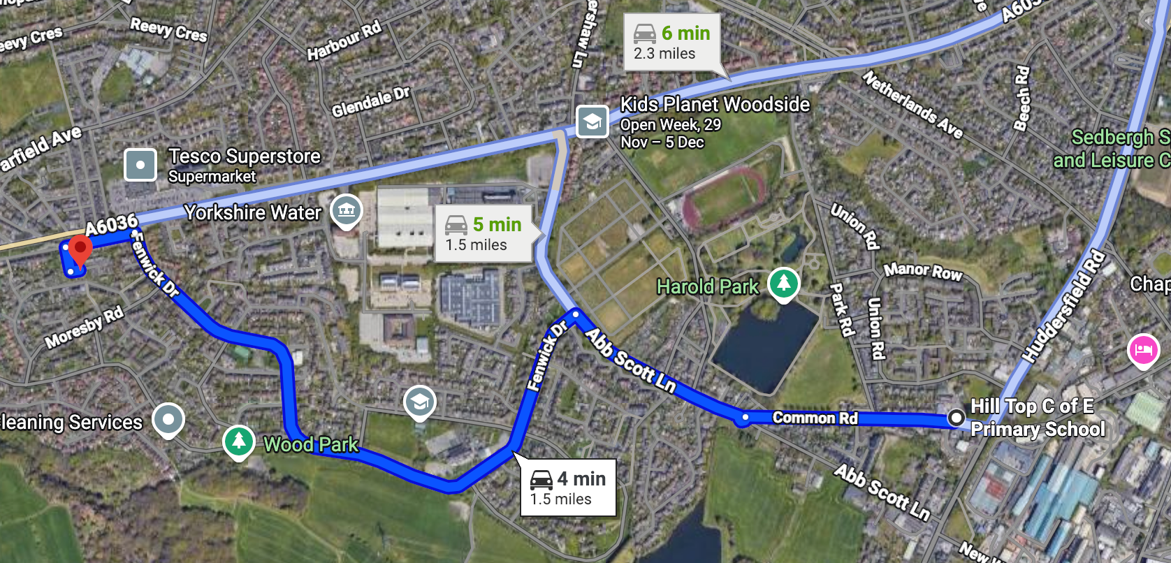 Walking route from Hill Top CofE Primary to Young Acorns