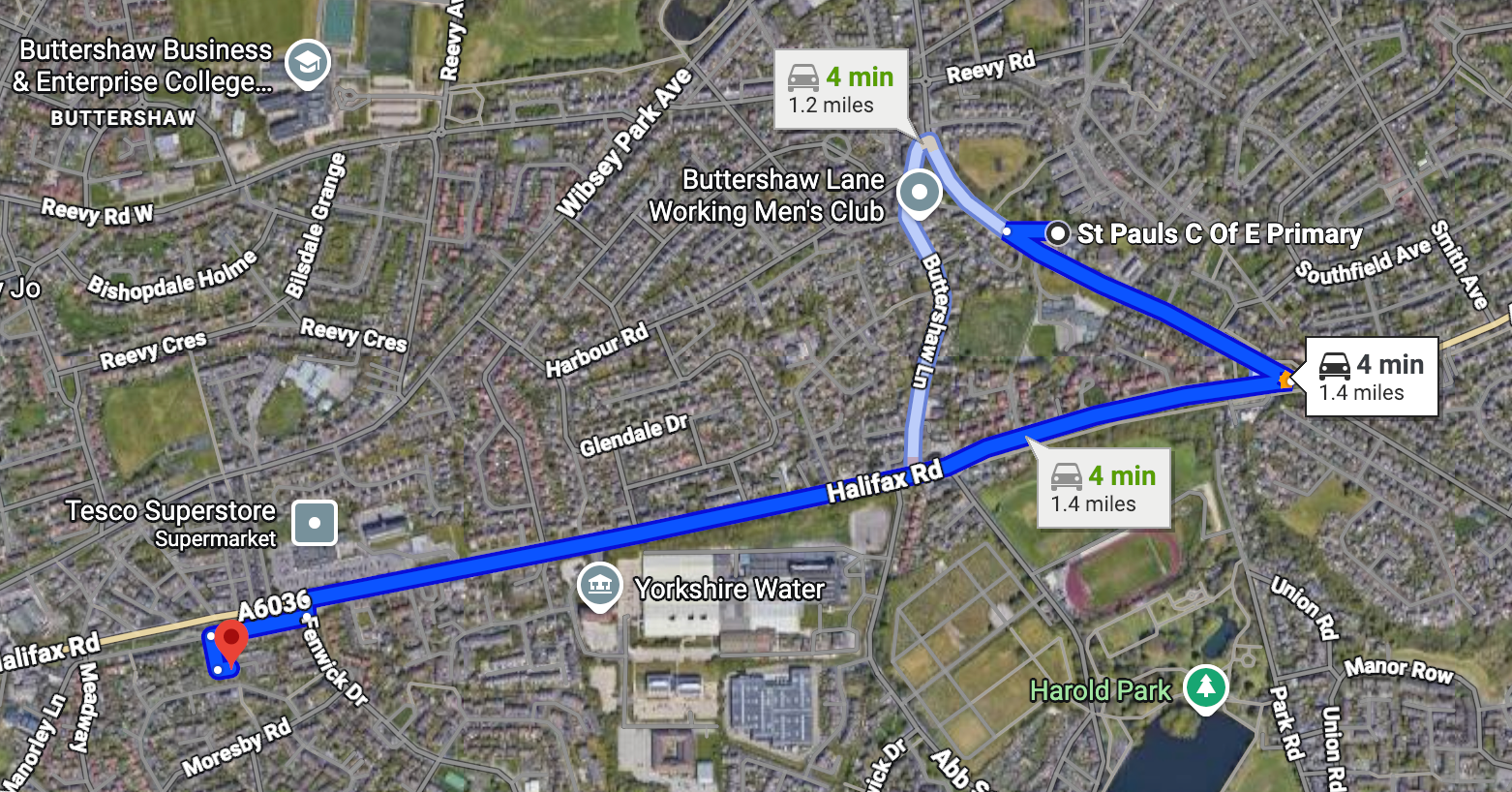 Walking route from St Paul's CofE Primary to Young Acorns