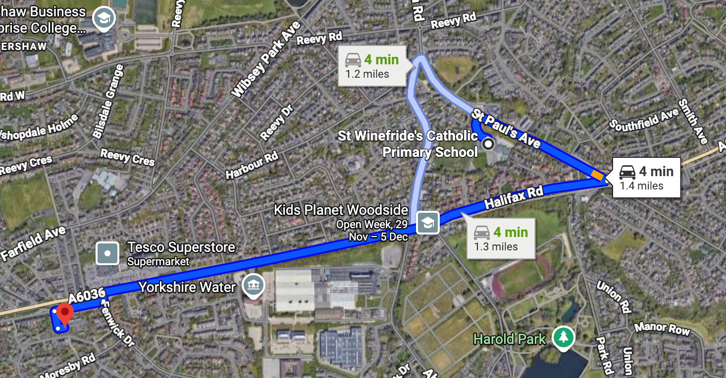 Walking route from St Winefride's Catholic Primary to Young Acorns