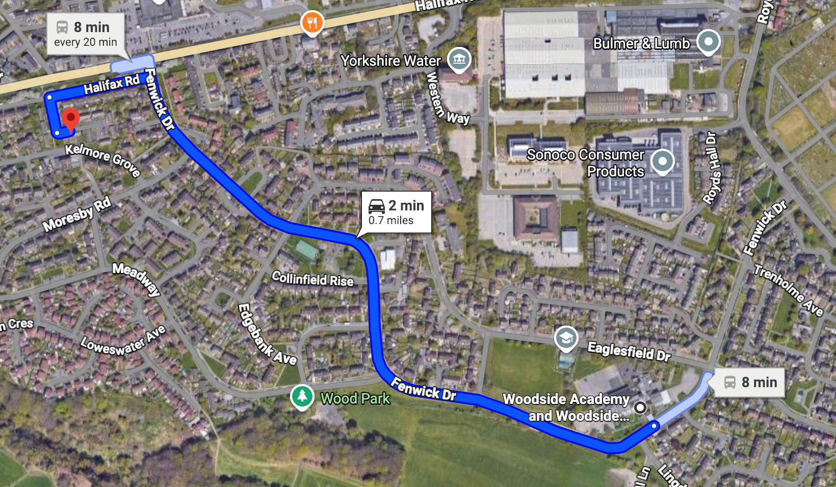 Walking route from Woodside Academy to Young Acorns